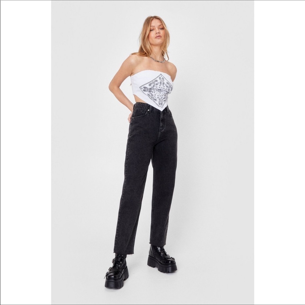 Nasty Gal Black Denim Jeans High Rise Straight Raw Hem Mom Jean